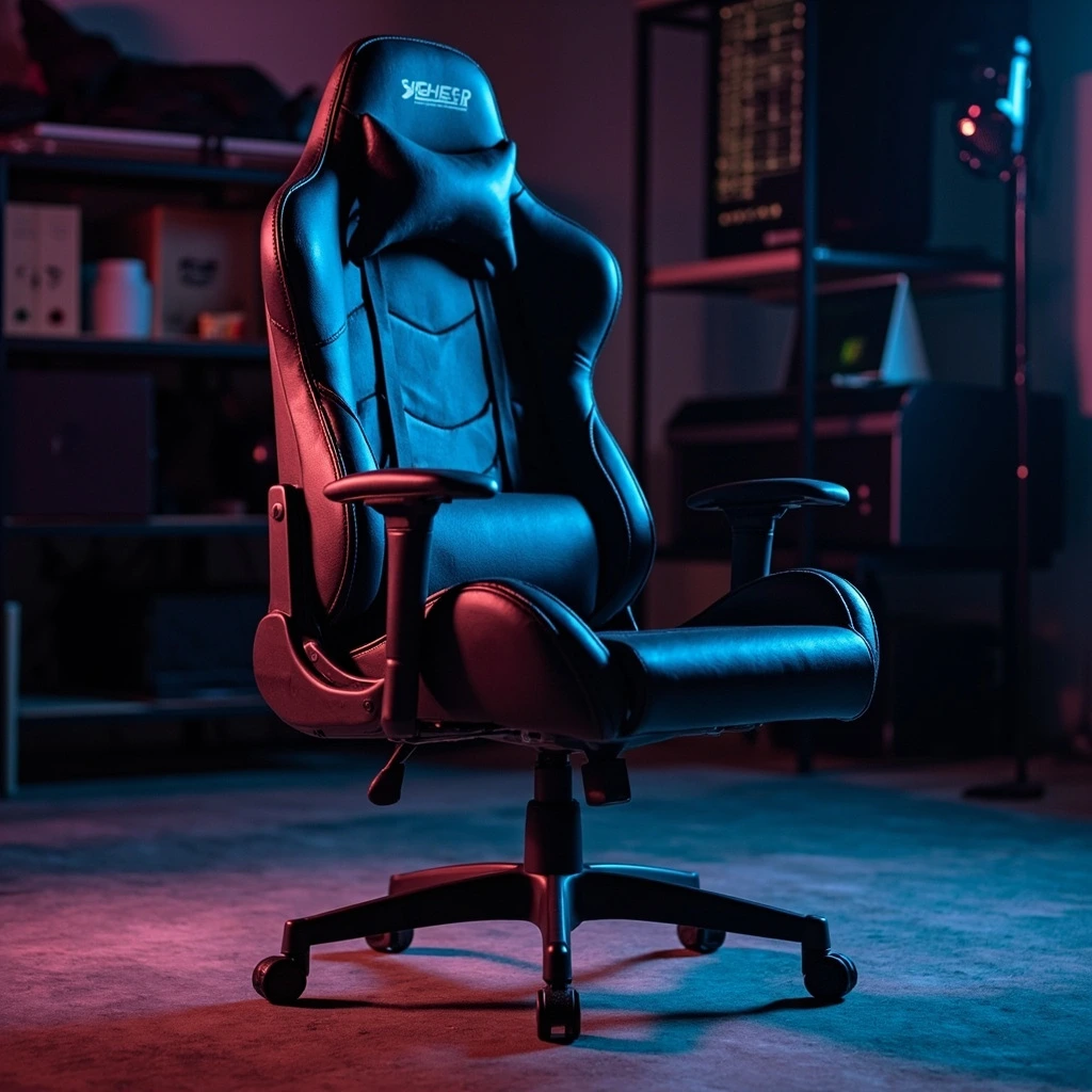 Tall-back gaming chair with extended headrest for users over six feet.
