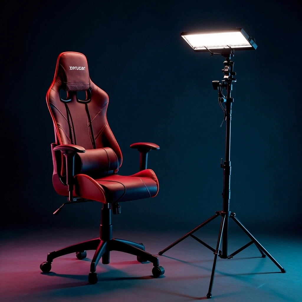 Sleek gaming chair styled for streamers with a microphone boom and key light setup.